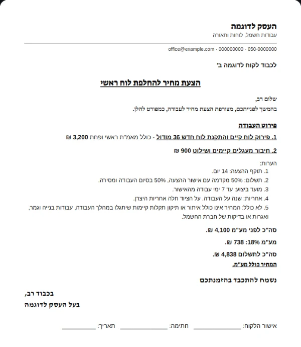 הצעת מחיר מזרם: מכתב רשמי להחלפת לוח ראשי, עם פירוט העבודה, הערות ותנאי תשלום, סכום לפני מע"מ ואחריו, ושורה לאישור וחתימת הלקוח